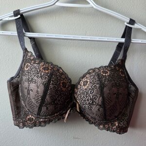 Lace Overlay Push-Up Bra in Black and Nude